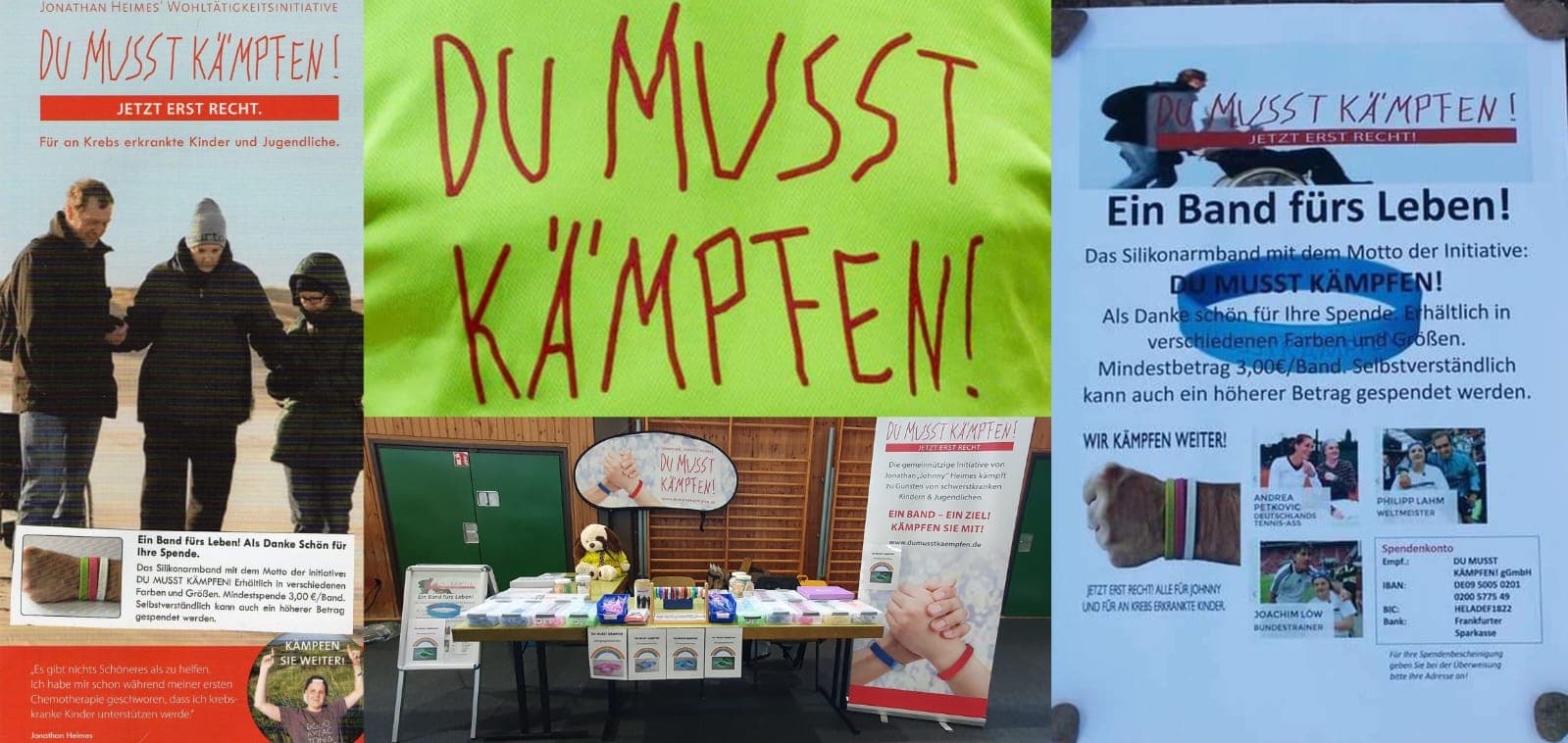 Collage: Flyer der Initiative DU MUSST KÄMPFEN, der Schriftzug auf einem grünen Shirt, ein Infostand mit Armbändern und ein Plakat zum Spendenarmband