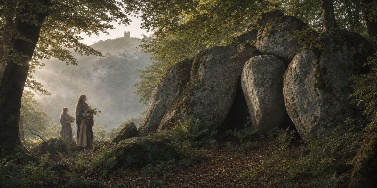 Sagenhafter Odenwald mit moosbewachsenen Felsen und nebligem Buchenwald